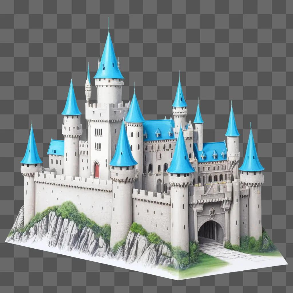 detailed castle drawing with blue roofs and white walls