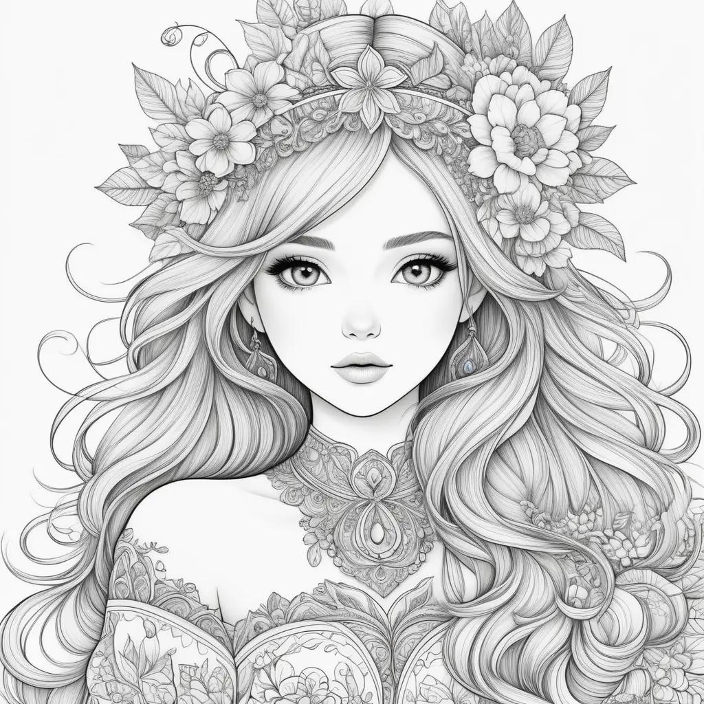 detailed coloring page for young girls with flowers and jewelry