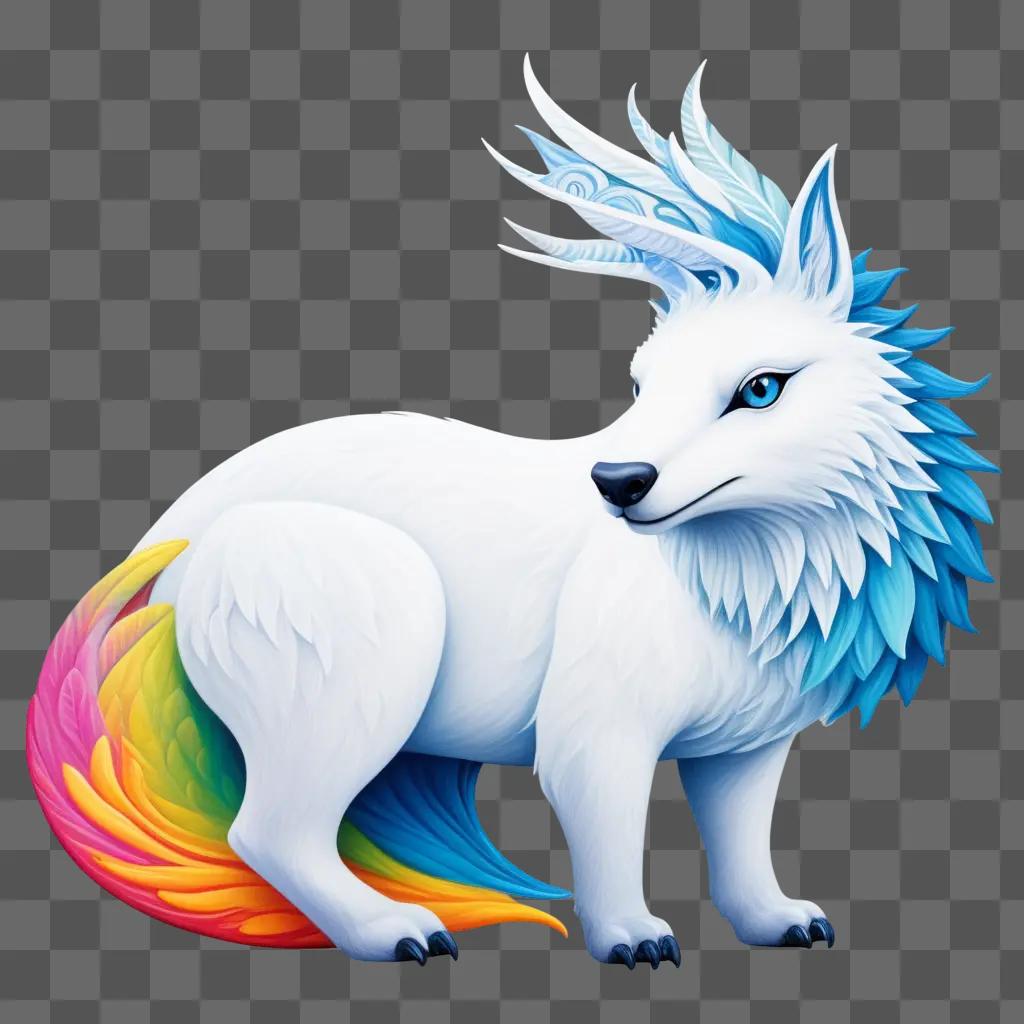 虹色の尻尾を持つ白いオオカミのデジタルアート