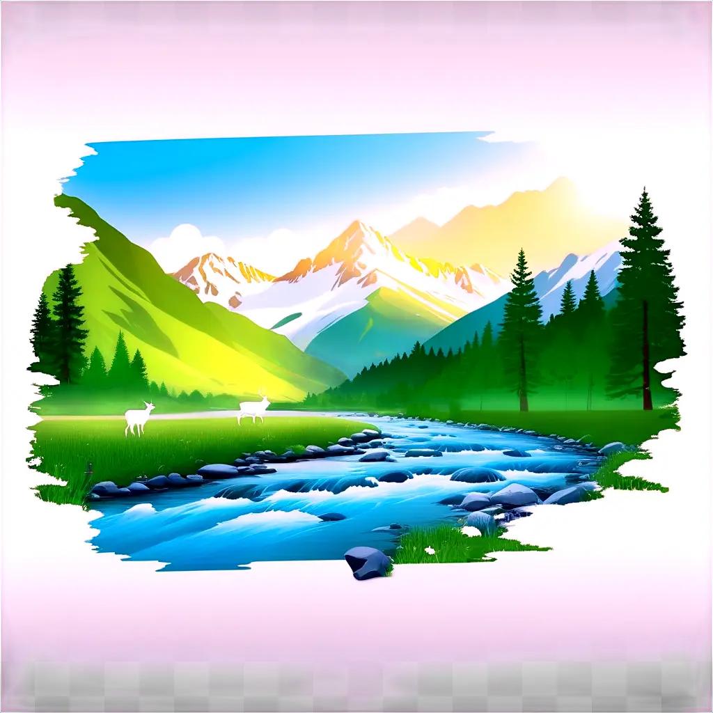 digital illustration of a river and mountain scene