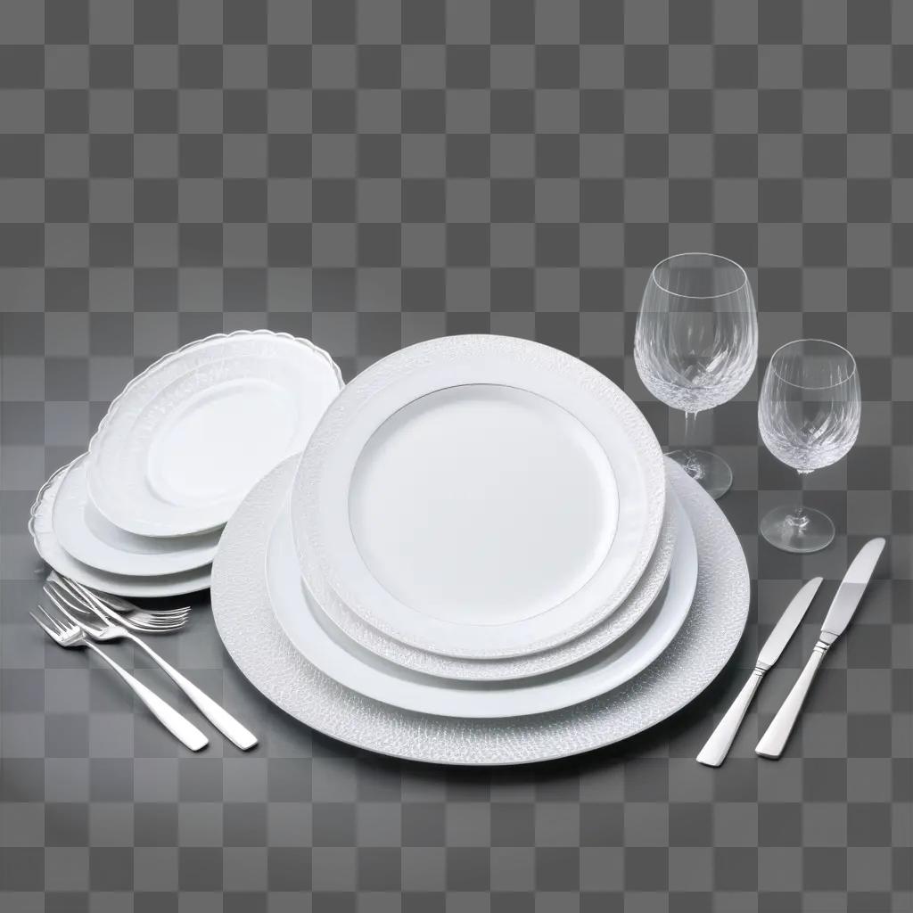 dining table is adorned with white plates and glasses