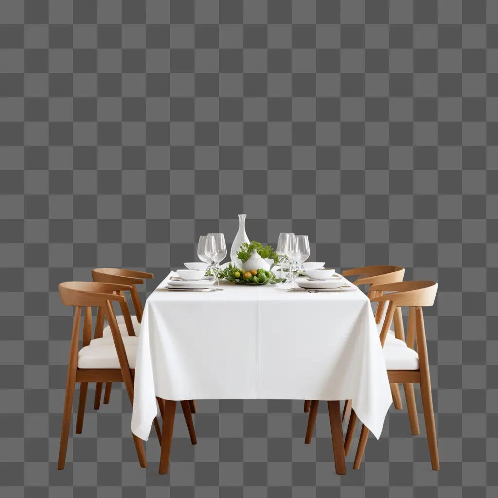 dining table is neatly set with plates, glasses, and a vase