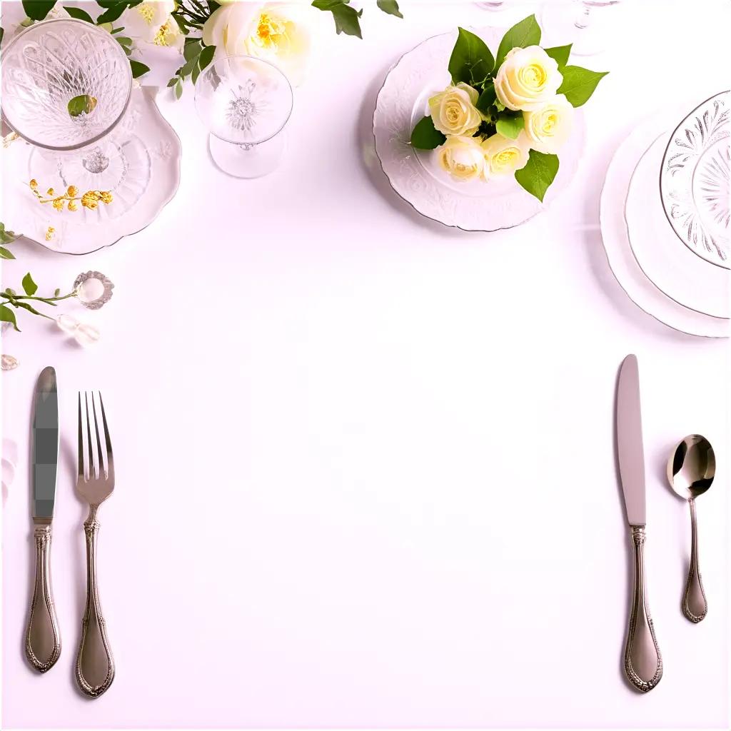 dining table set with silverware and flowers