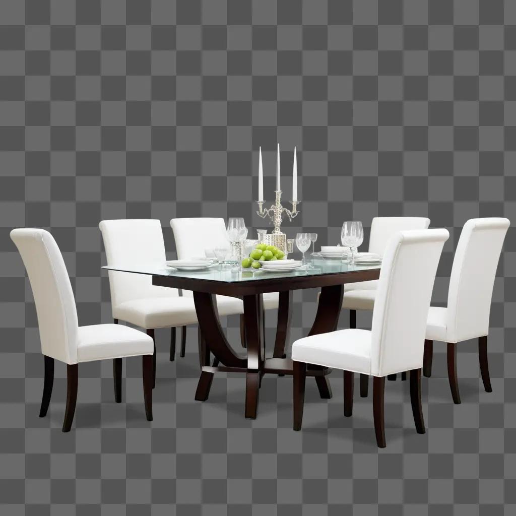 dining table with a glass top and six chairs