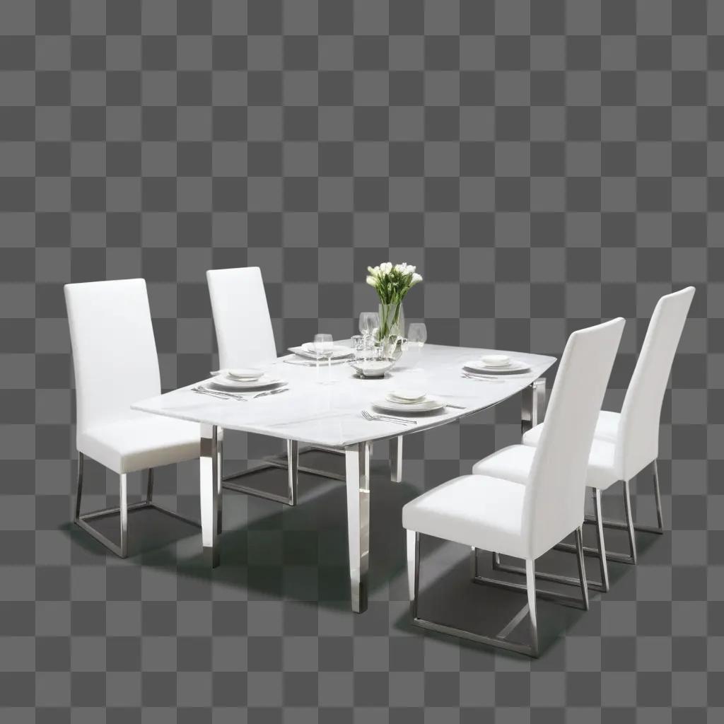 dining table with white chairs and a vase of flowers