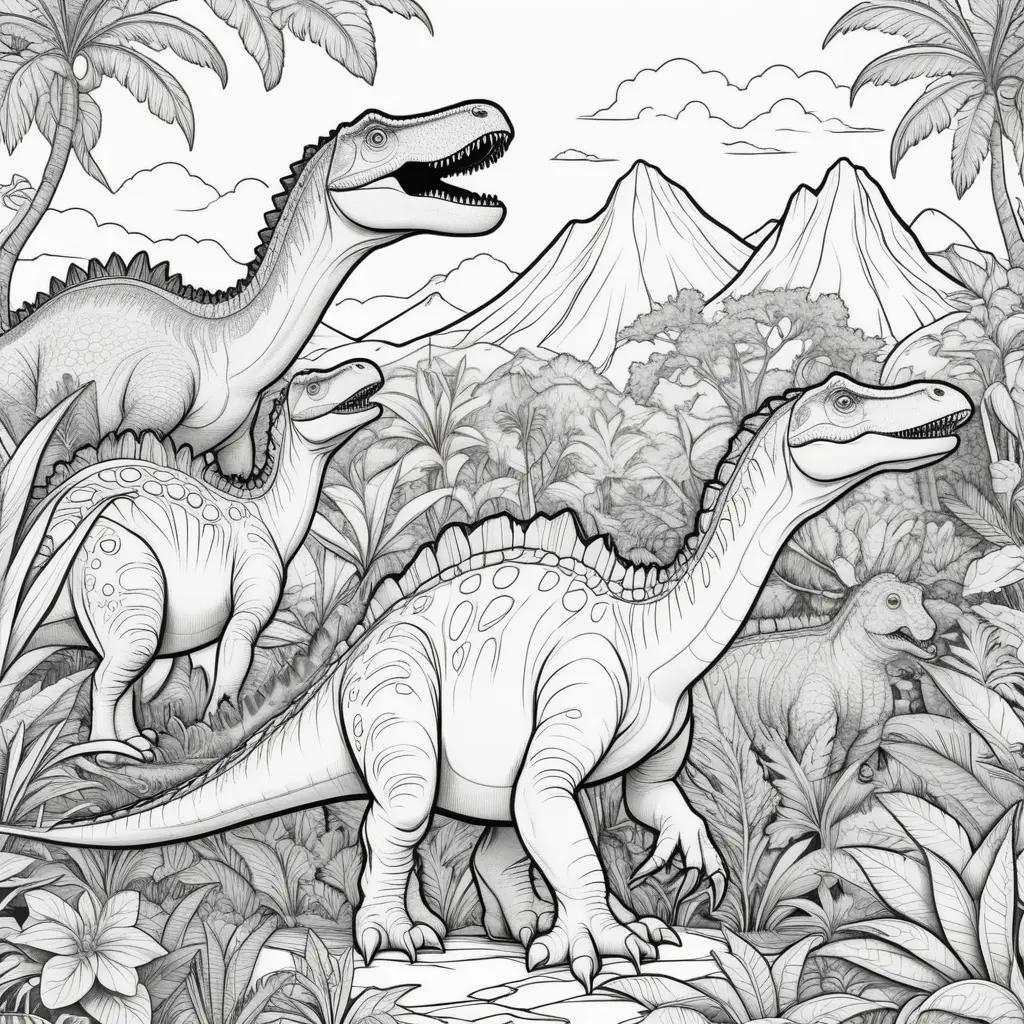 dinosaur coloring book page with black and white illustrations of dinosaurs in the jungle