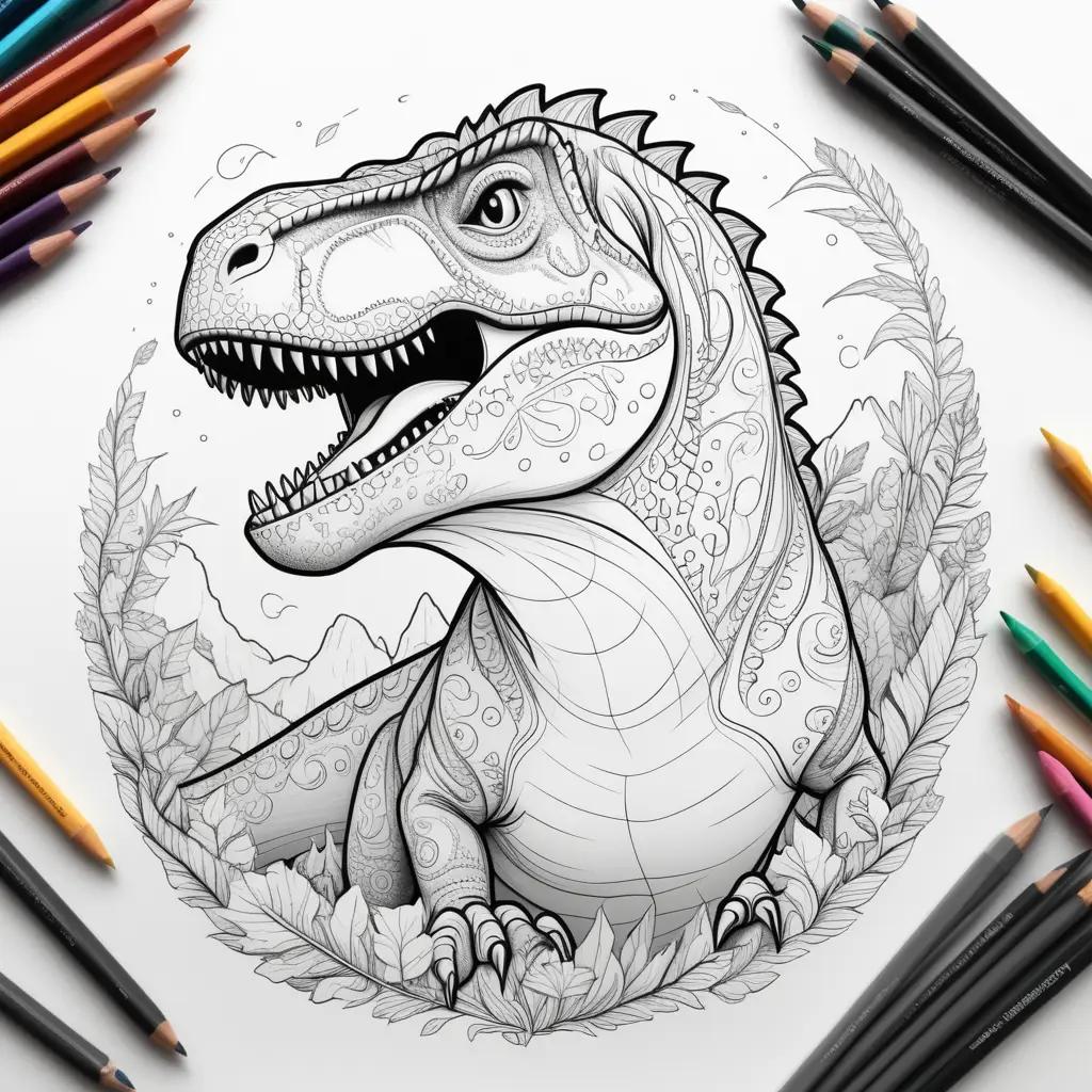 dinosaur coloring page featuring a large, colorful T-Rex