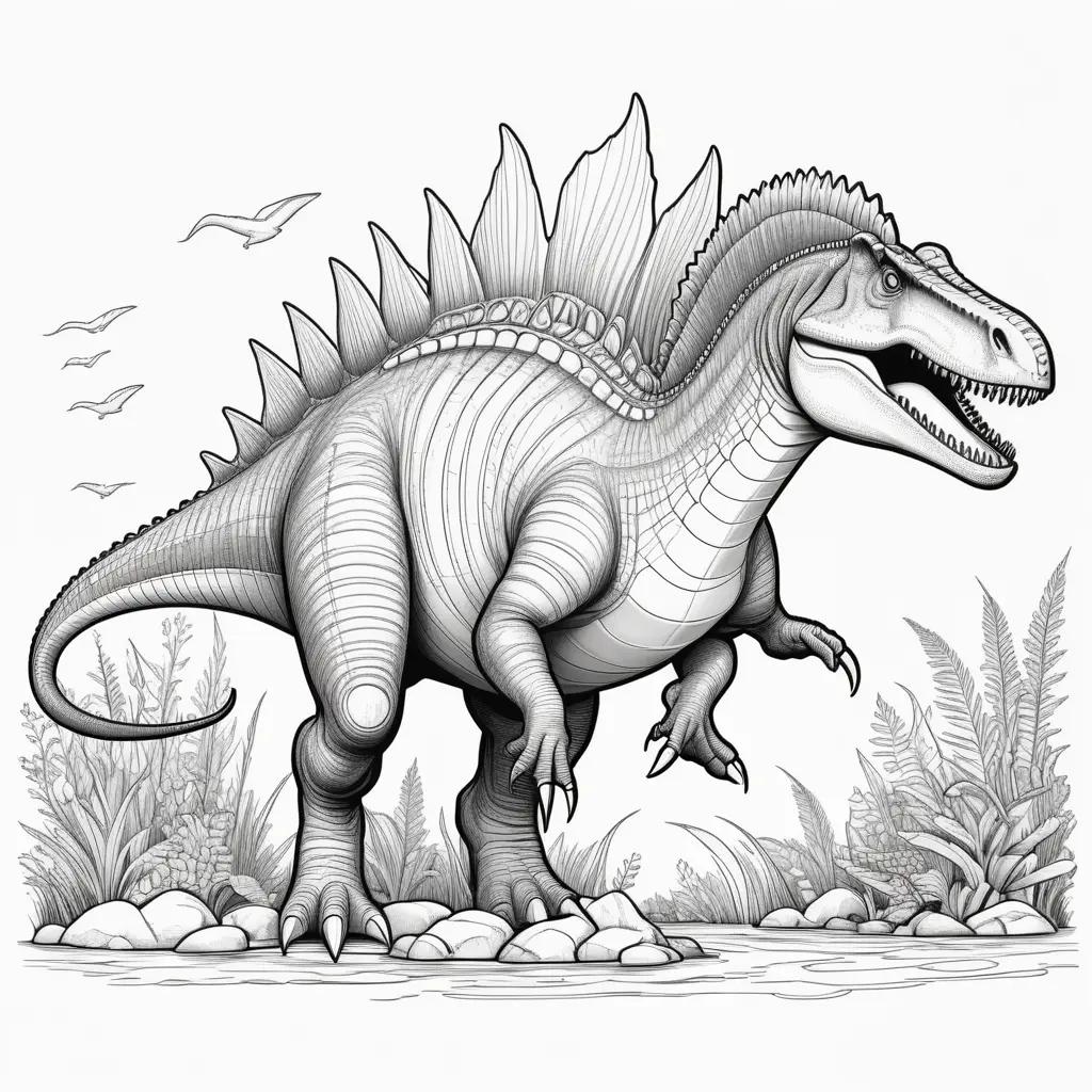 dinosaur coloring page featuring a spinosaurus with black and white lines