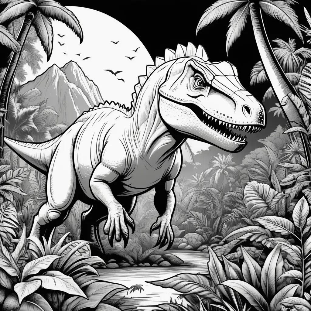 dinosaur coloring page in a jungle setting