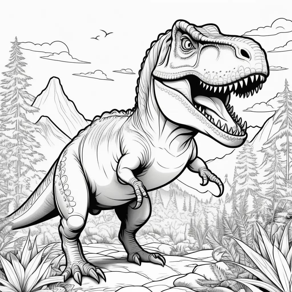 dinosaur coloring page of a T-Rex in a forest