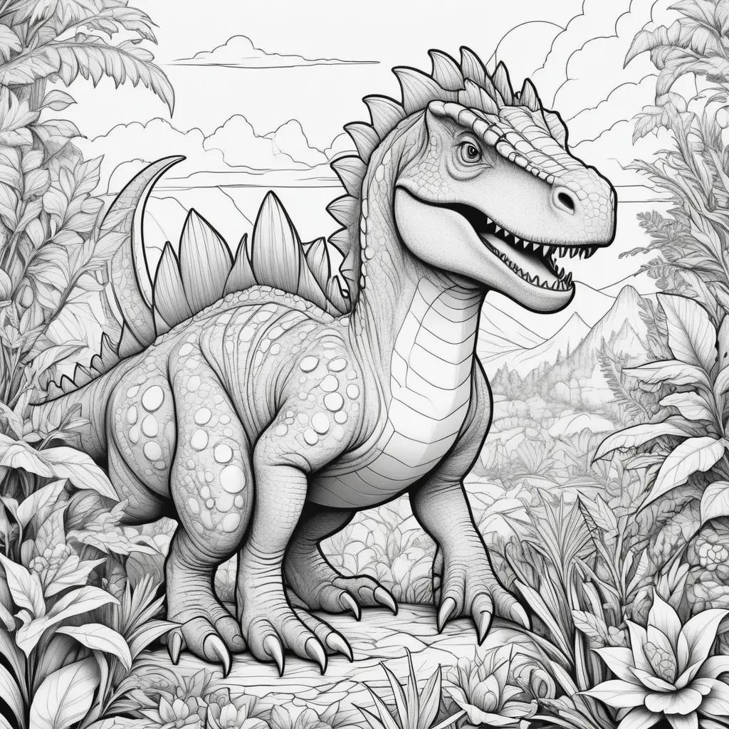 dinosaur coloring page with a black and white background