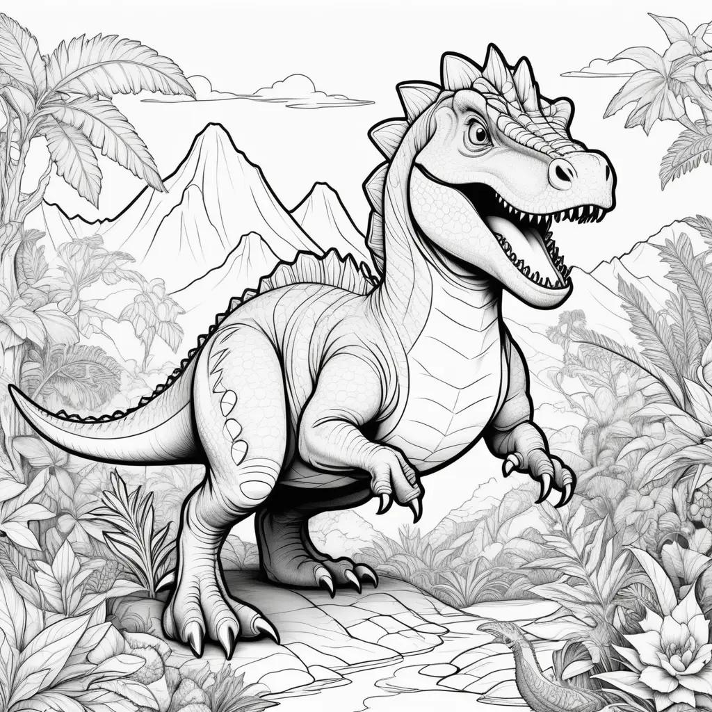 dinosaur coloring page with a mountain and jungle background