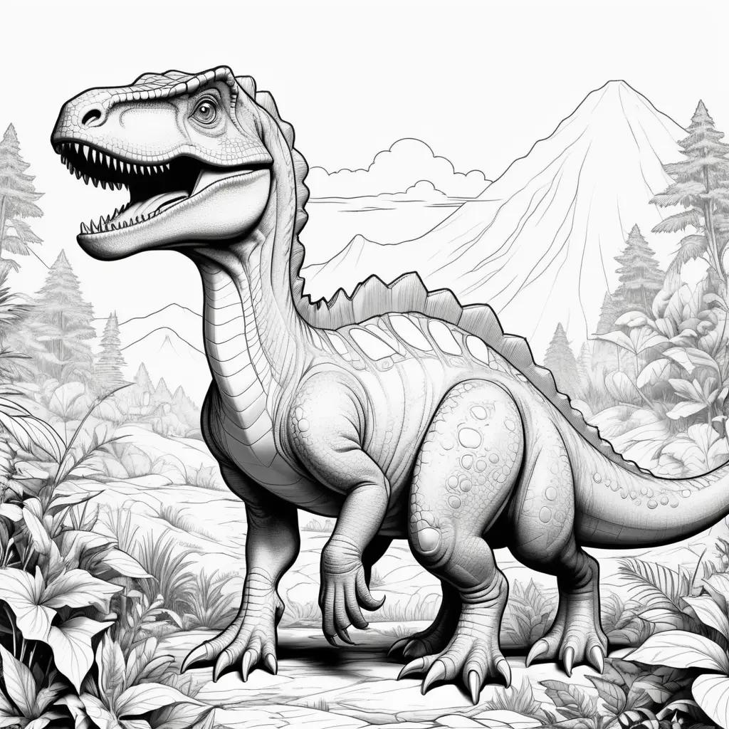 dinosaur coloring page with a mountain and trees in the background