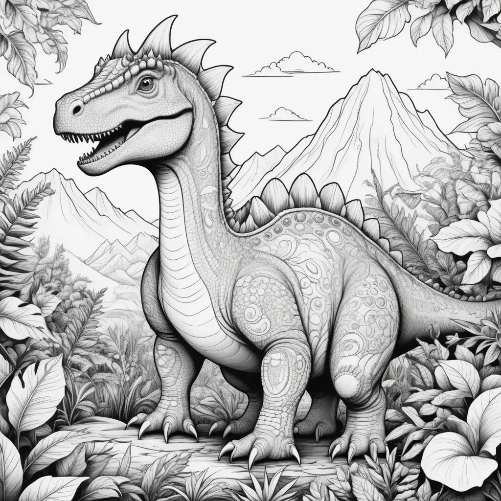 dinosaur coloring page with a mountain background