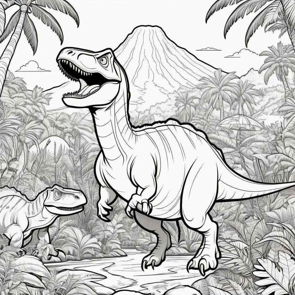 dinosaur coloring page with a mountain in the background