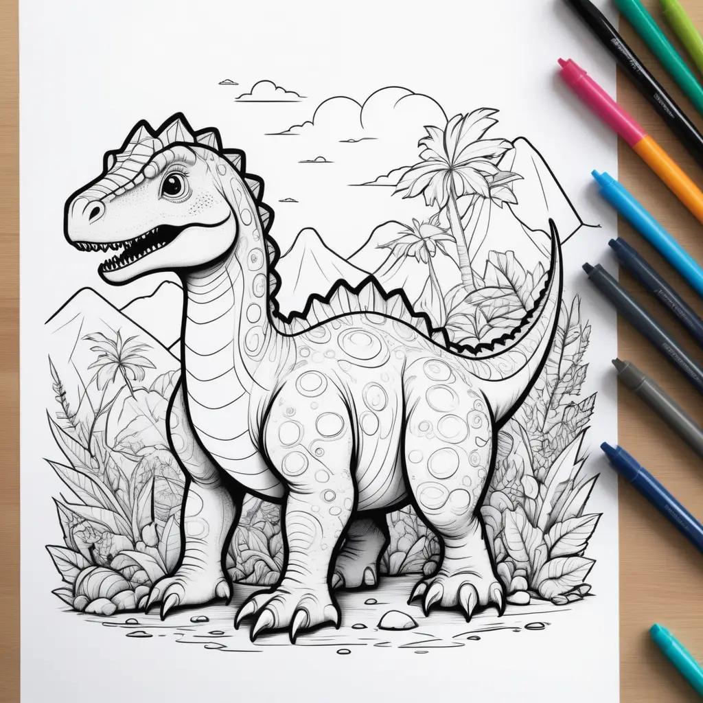 dinosaur coloring page with a pen and markers on a table