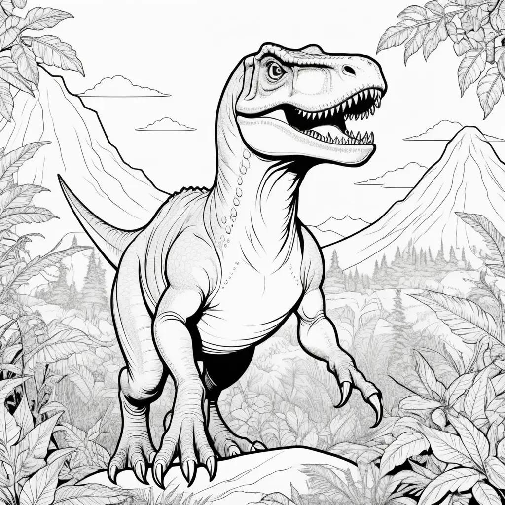 dinosaur coloring page with a t-rex in a jungle setting