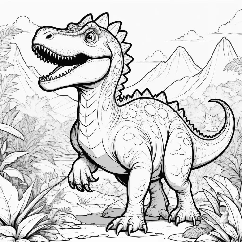 dinosaur coloring page with mountains in the background