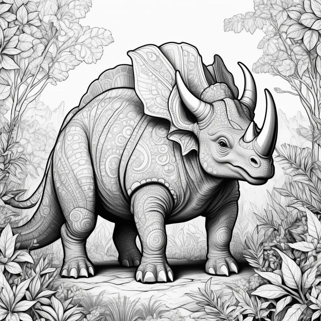 dinosaur coloring page with triceratops and trees