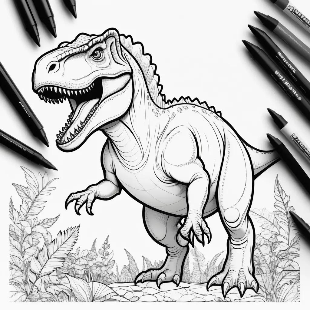 dinosaur drawing with coloring tools and a t-rex