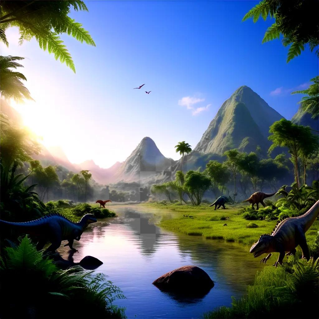 dinosaur-free landscape with a river, mountain, and sky