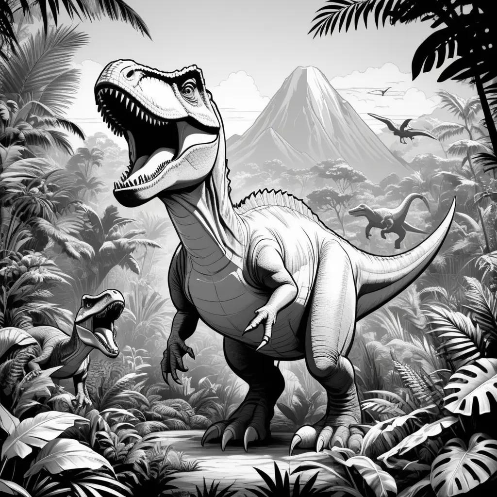 dinosaur in a jungle setting with a volcano in the background