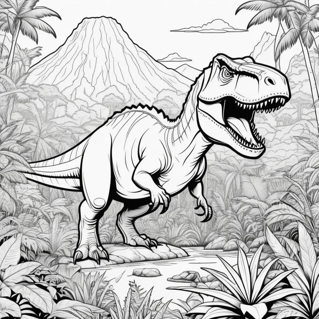 dinosaur roams the jungle in a coloring page