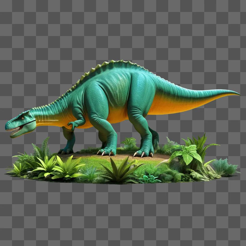 dinosaur statue stands in a lush jungle