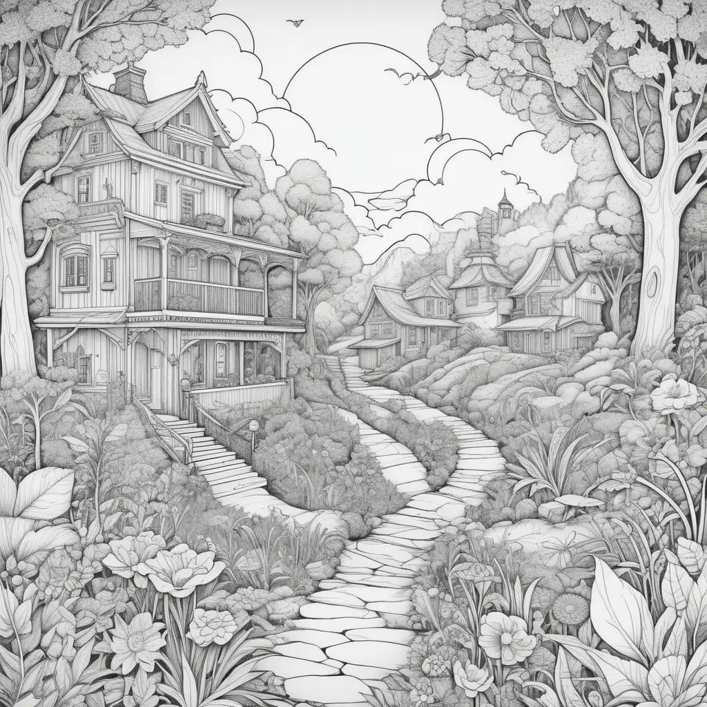 dirty coloring page of a house and path in the woods