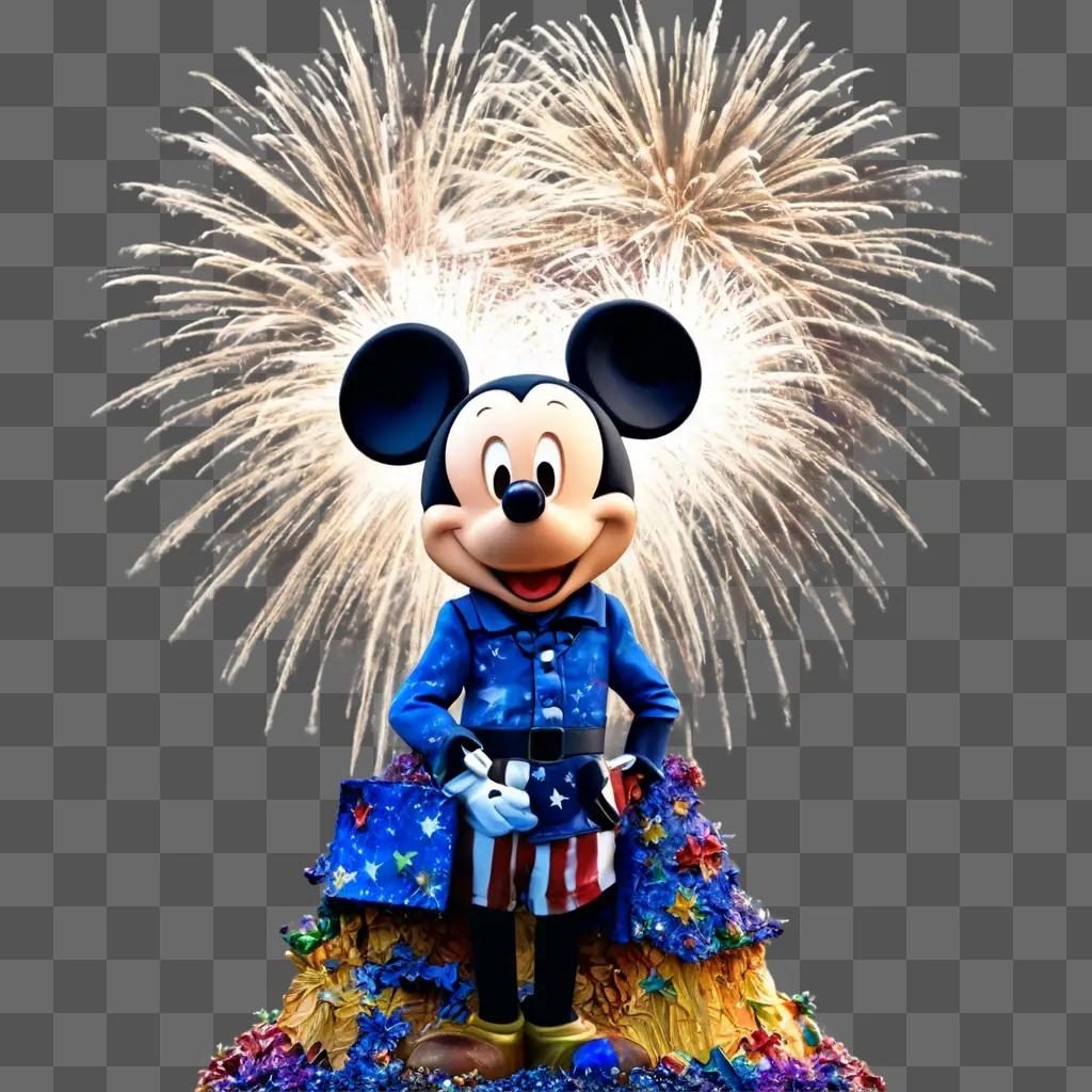 disney fireworks A Mickey Mouse statue stands under a firework display