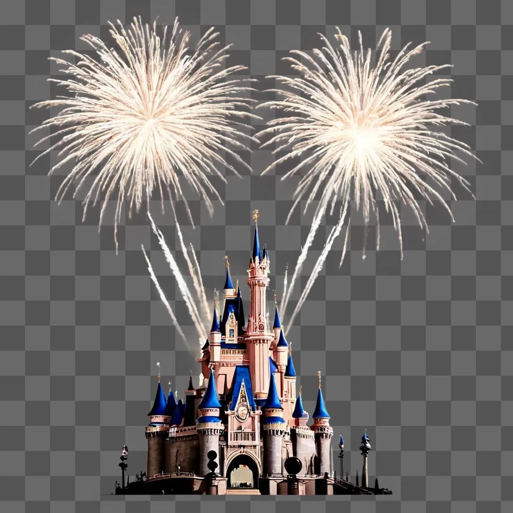 disney fireworks A castle with two fireworks on top of it