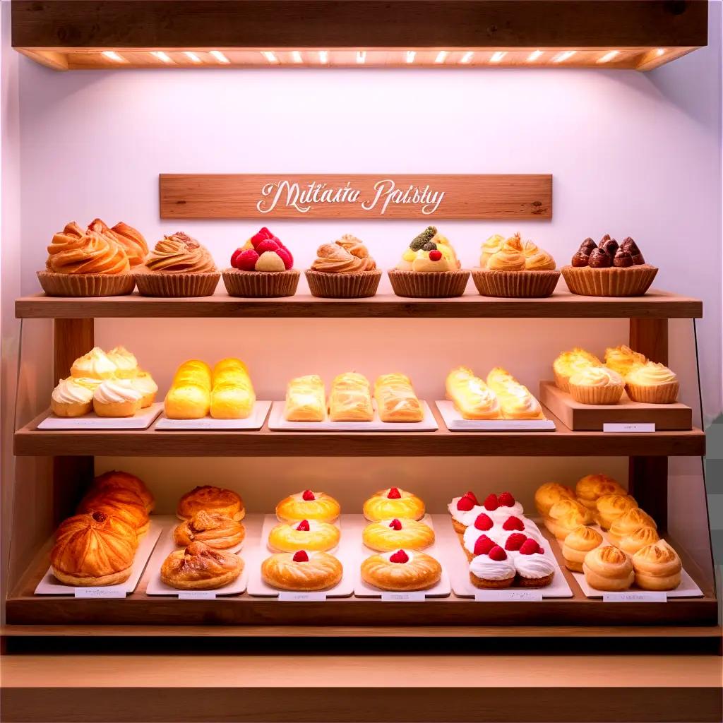 display of delicious pastries on a shelf