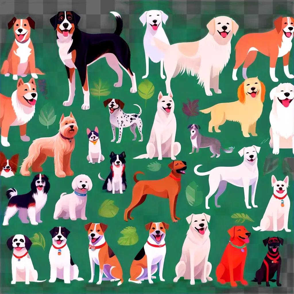 diverse array of dog images displayed on a green background