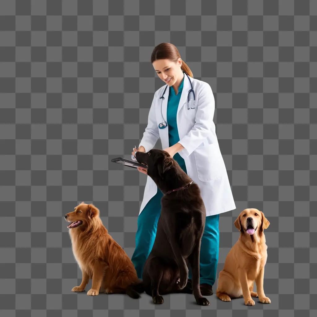 doctor taking notes while sitting with dogs