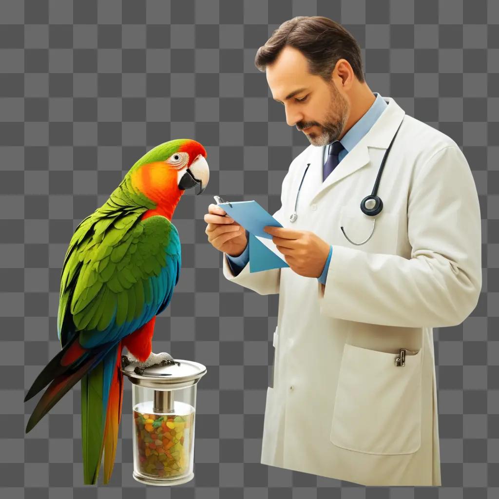 doctor with a parrot on a table