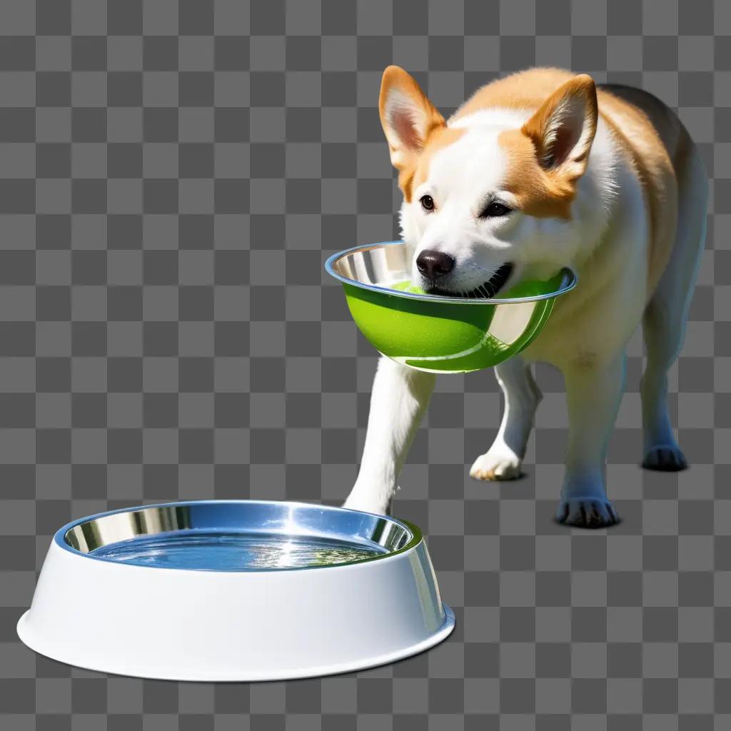 dog chews on a water bowl