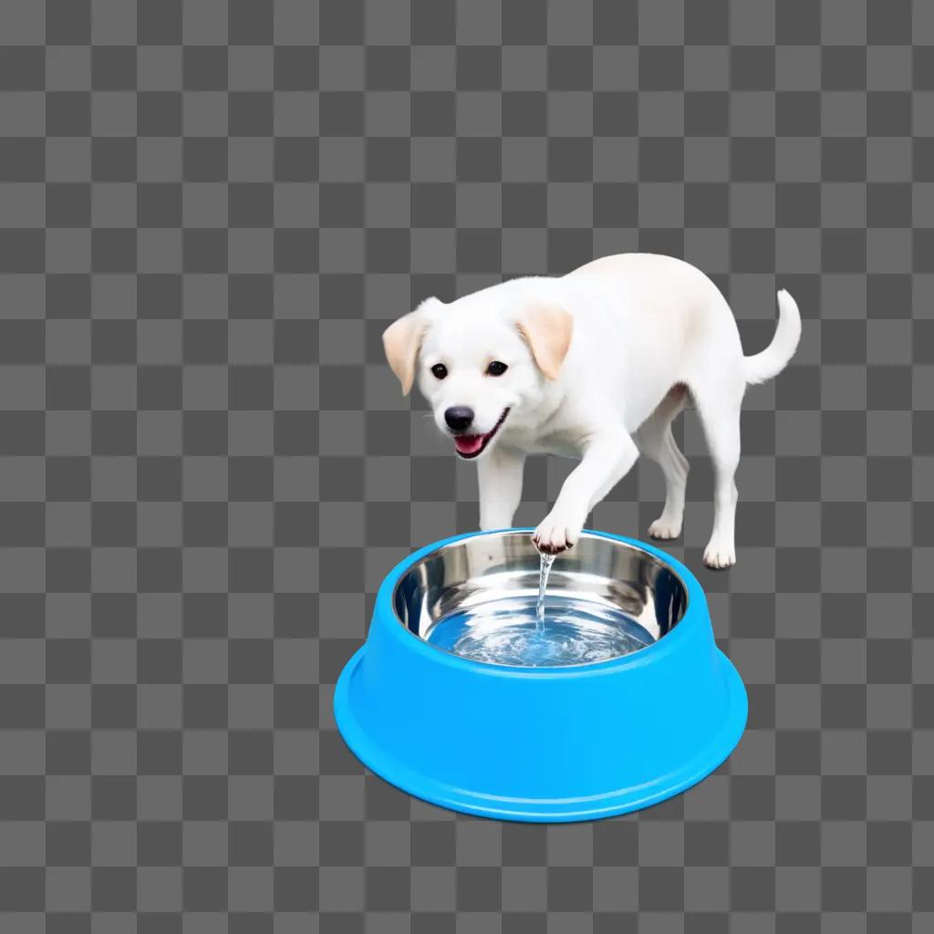 dog drinking from a water bowl on a blue background