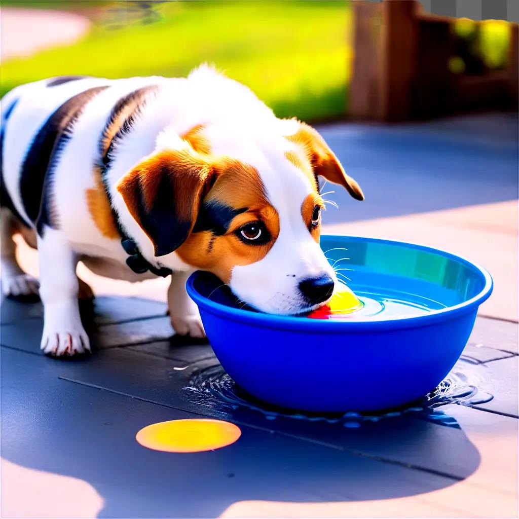 dog drinks from a blue bowl full of water