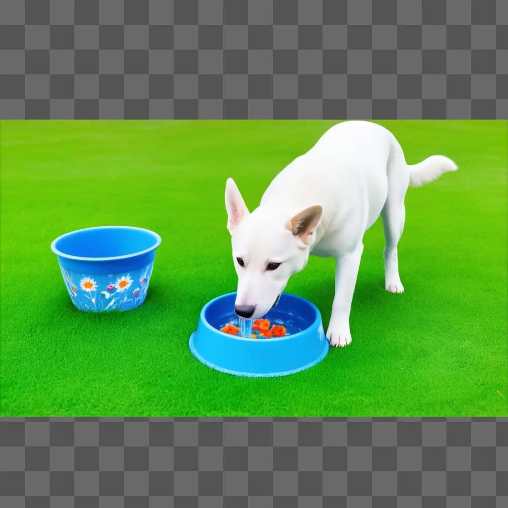 dog drinks from a water bowl on a grassy field