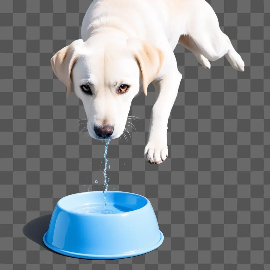 dog drinks water from a blue bowl