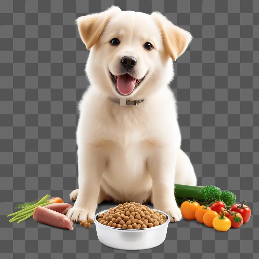 dog eating dog food in front of vegetables