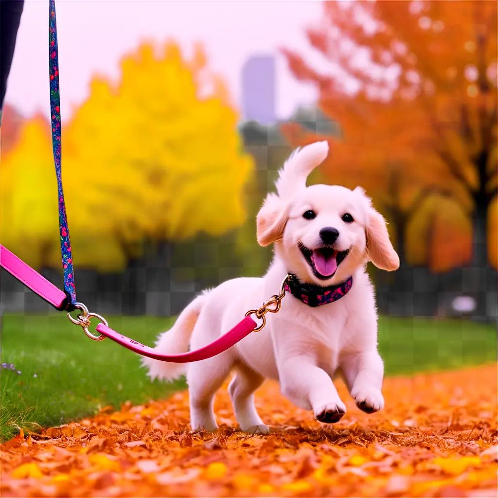 dog runs with its leash in the fall