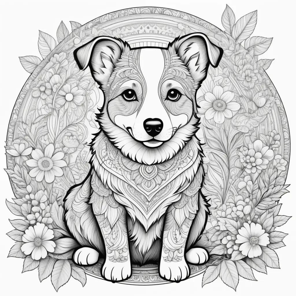 白黒のぬりえの花でいっぱいの円の中に座っている犬