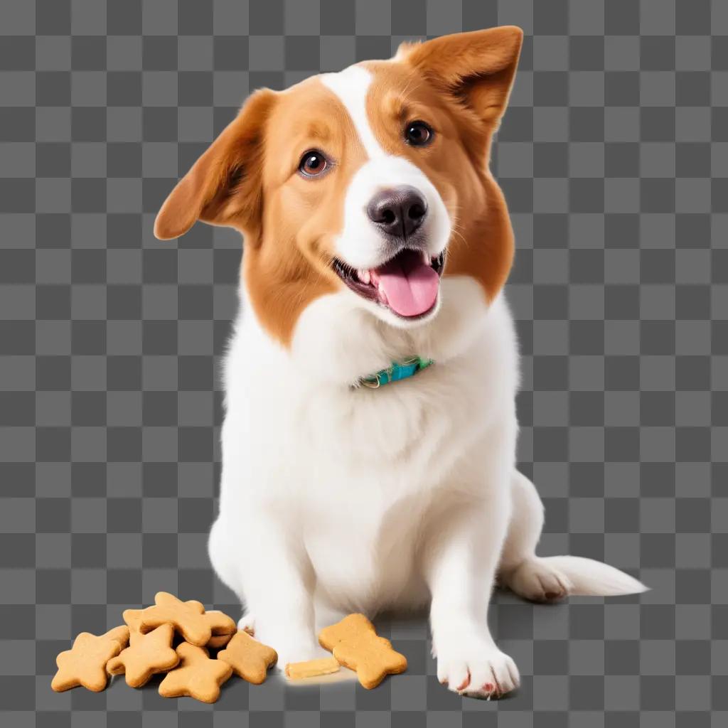 dog sits with dog treats on the floor