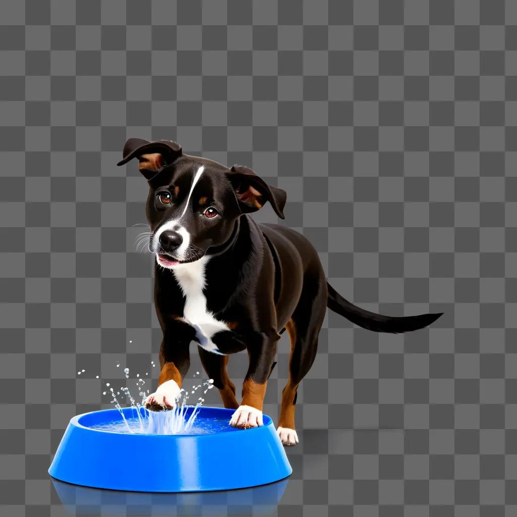 dog stands in a water bowl on a dark background