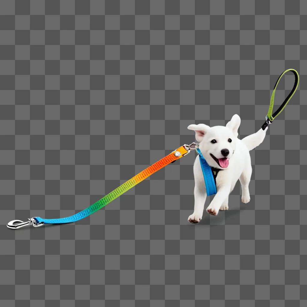 dog with a multicolored leash runs through the grass