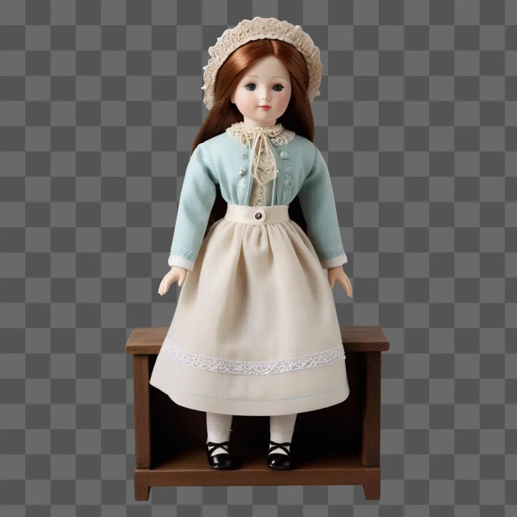 水色のドレスを着た人形が木製のスツールに座っている