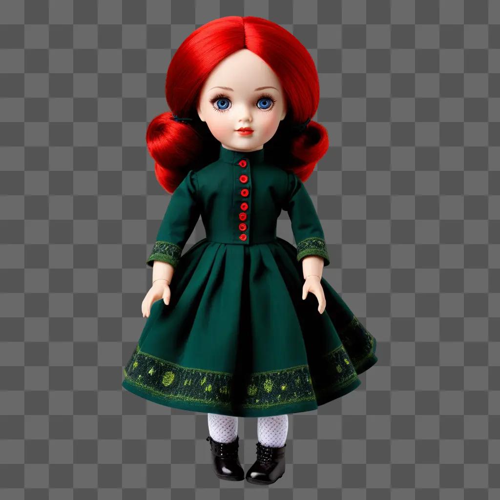 doll with red hair is dressed in a green dress