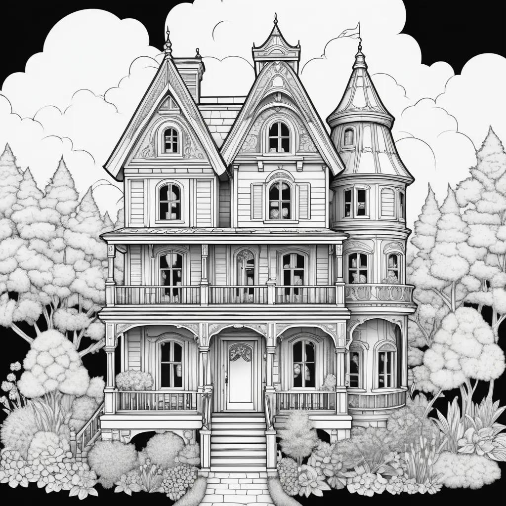 dollhouse in black and white with trees and clouds