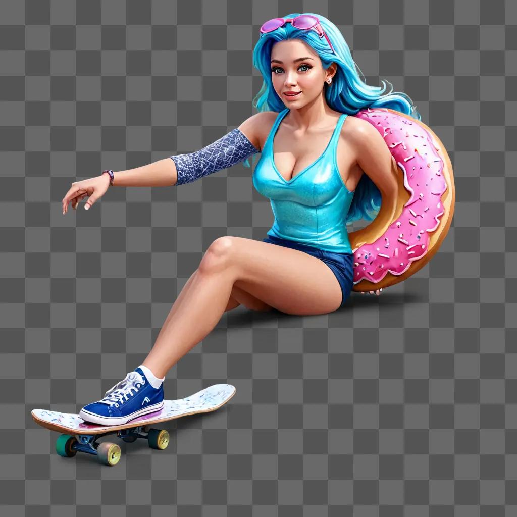 donut drawing with colour A young woman in a blue tank top skateboards with a pink doughnut